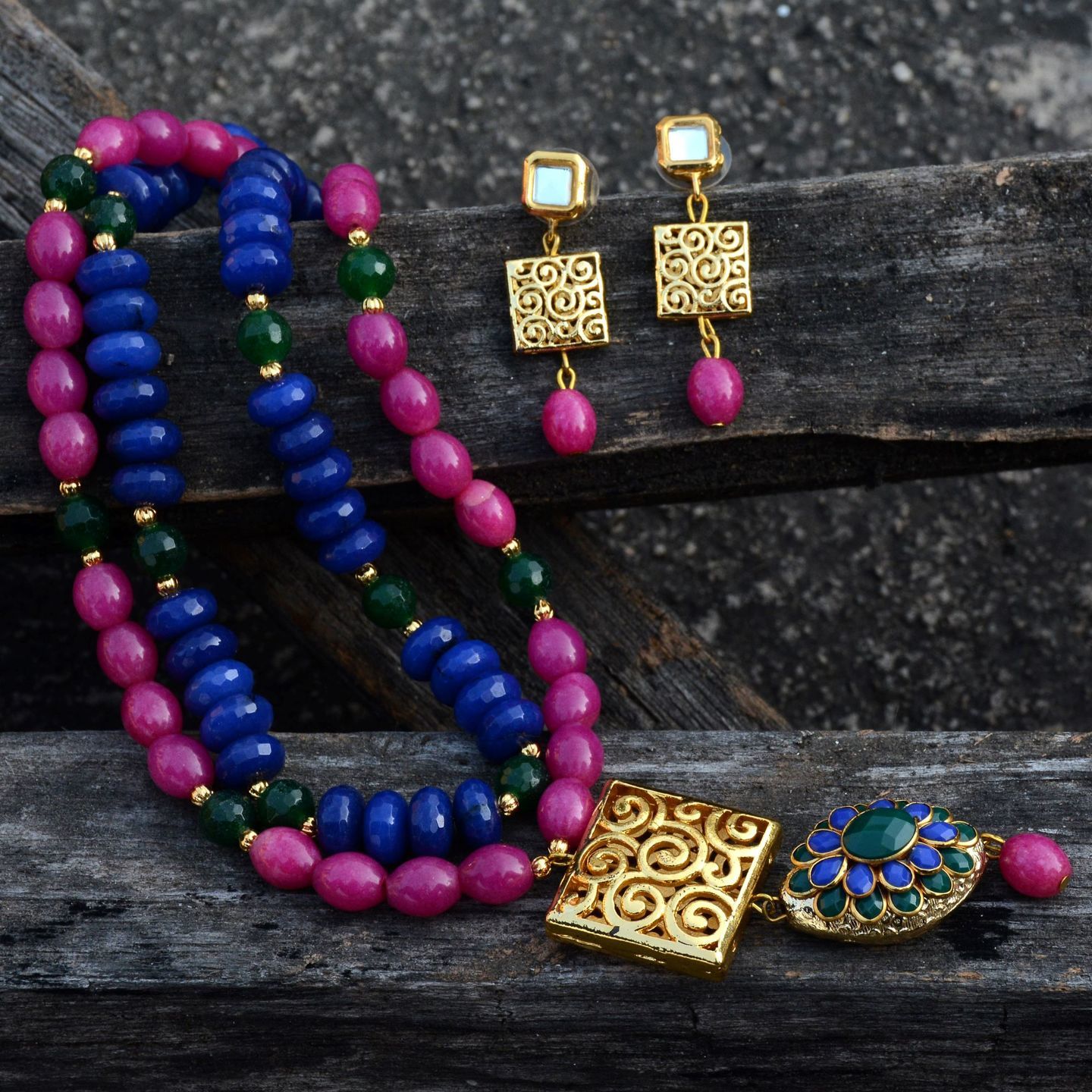Pink Blue Green Layered Pachi Handmade Necklace