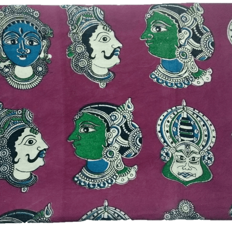 Cotton Kalamkari Handblock Saree BlouseKurti Fabric 100 cms - Multi Base Dancers Print - Rani Pink Colour