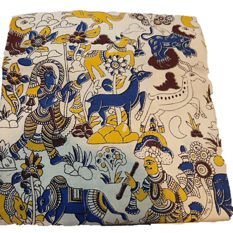 Cotton Kalamkari Handblock Saree BlouseKurti Fabric 100 cms - Animals Print - Cream Colour