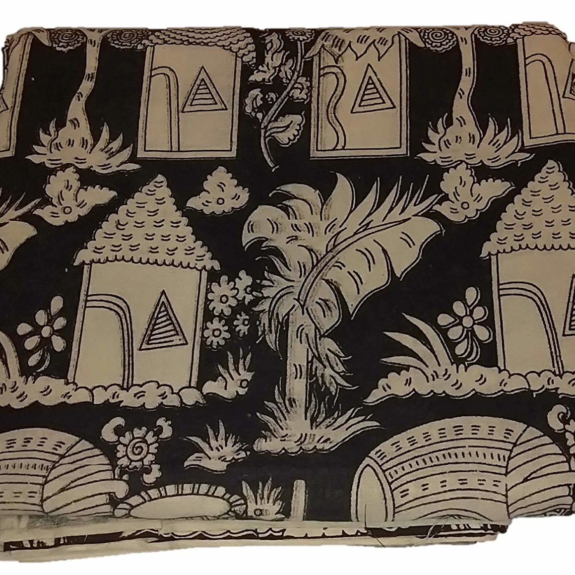 Cotton Kalamkari Handblock Saree Blouse/Kurti Fabric 100 cms Village Print- Black