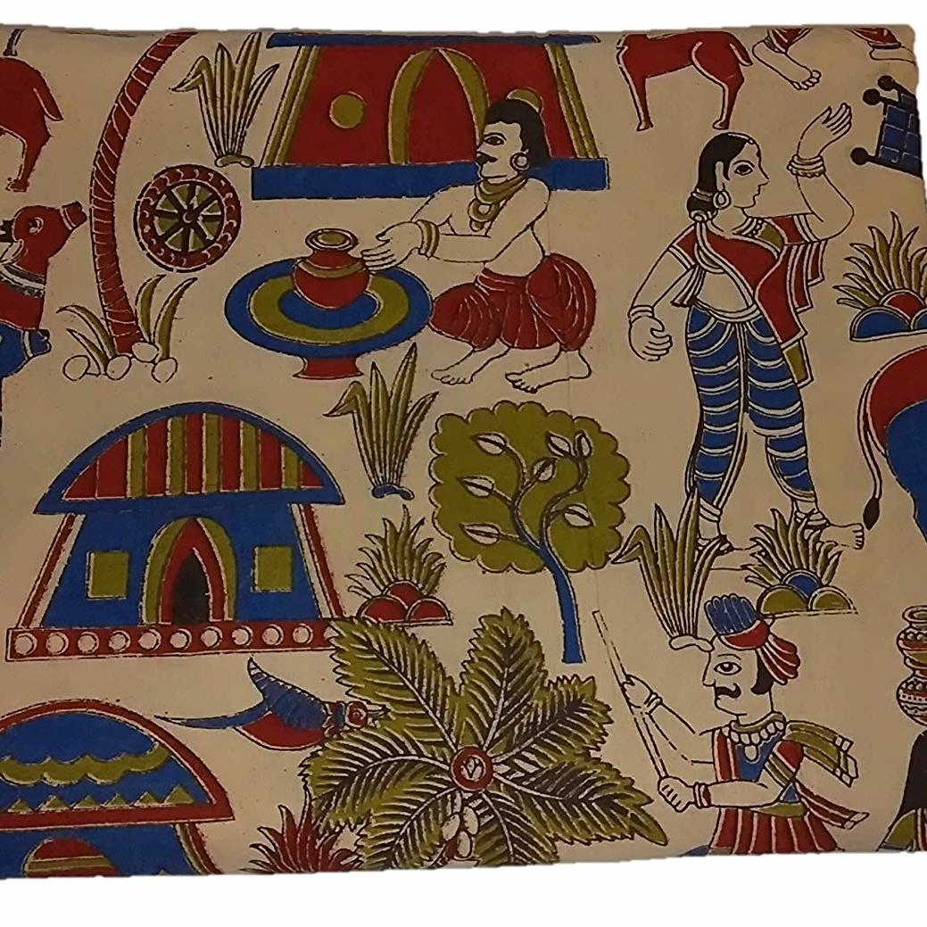 Cotton Kalamkari Handblock Saree BlouseKurti Fabric 100 cms - Village Print - Cream Colour