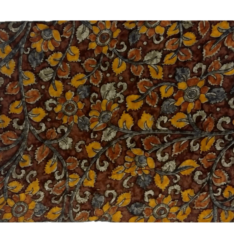 Rayon Kalamkari Handblock Saree BlouseKurti Fabric 100 cms - Floral Print - Chocolate Colour