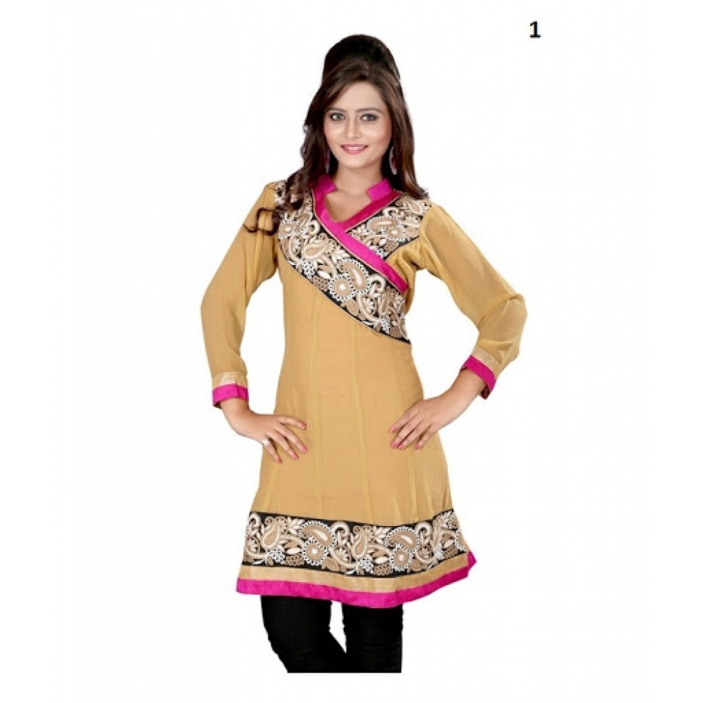 Lafacon Stitched Beige Solid Georgette Kurti