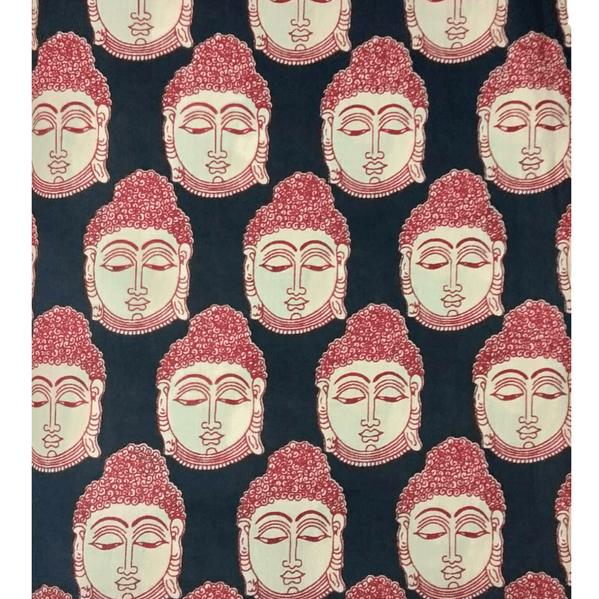 Cotton Kalamkari Handblock Saree BlouseKurti Fabric 100 cms - BUdda Print - Black Colour