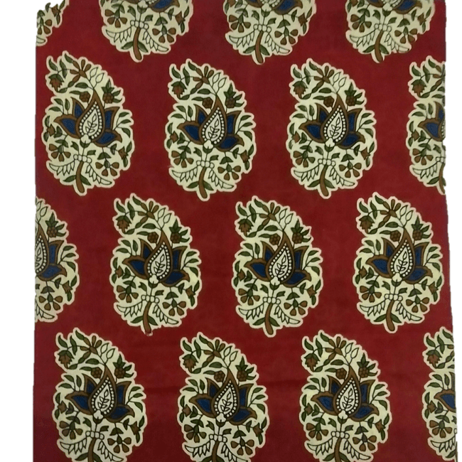 Cotton Kalamkari Handblock Saree BlouseKurti Fabric 100 cms - Beautiful Leaf Print - Red Colour