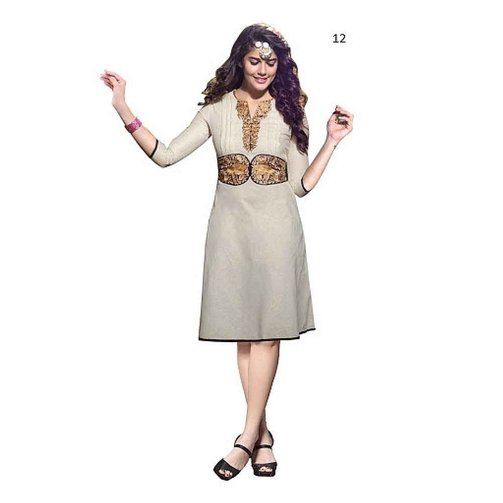 Lafacon Stitched Beige Solid Linen Kurti