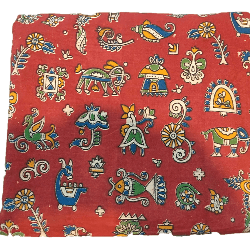 Cotton Kalamkari Handblock Saree BlouseKurti Fabric 100 cms - Bagru Print - Red Colour