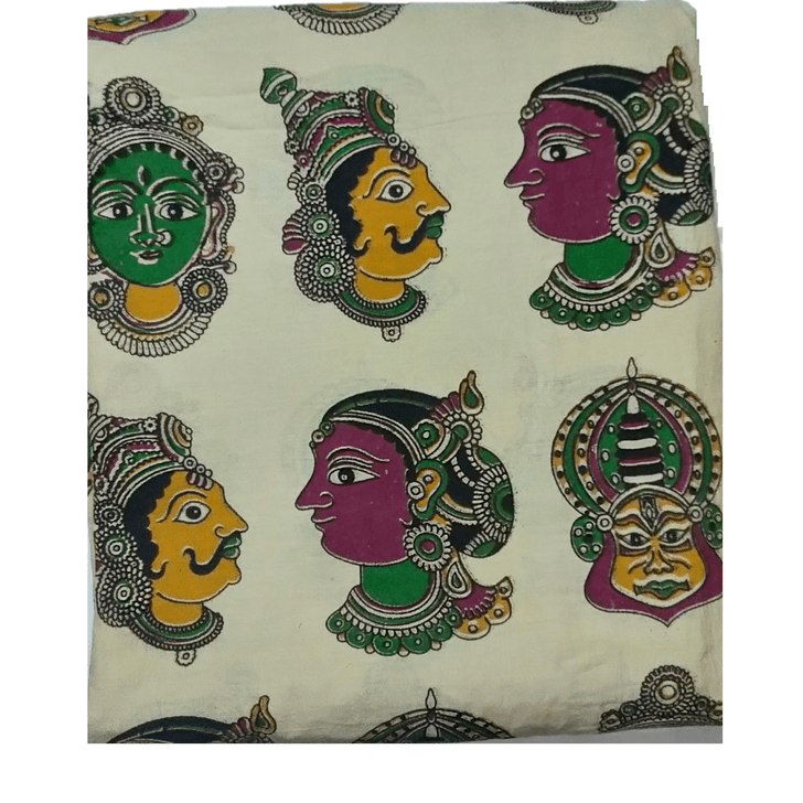 Cotton Kalamkari Handblock Saree BlouseKurti Fabric 100 cms - Multi Base Dancer Print - Cream Colour