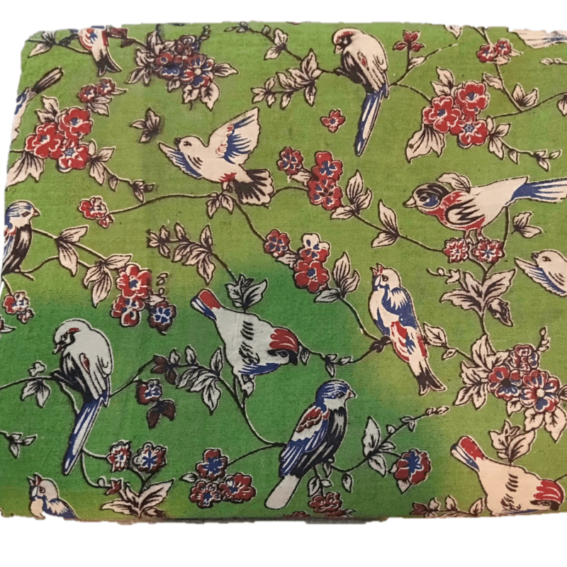 Cotton Kalamkari Handblock Saree BlouseKurti Fabric 100 cms - Birds Print - Green Colour