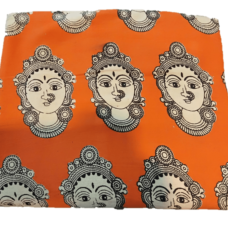 Cotton Kalamkari Handblock Saree BlouseKurti Fabric 100 cms - Base Dancer Print - Orange Colour