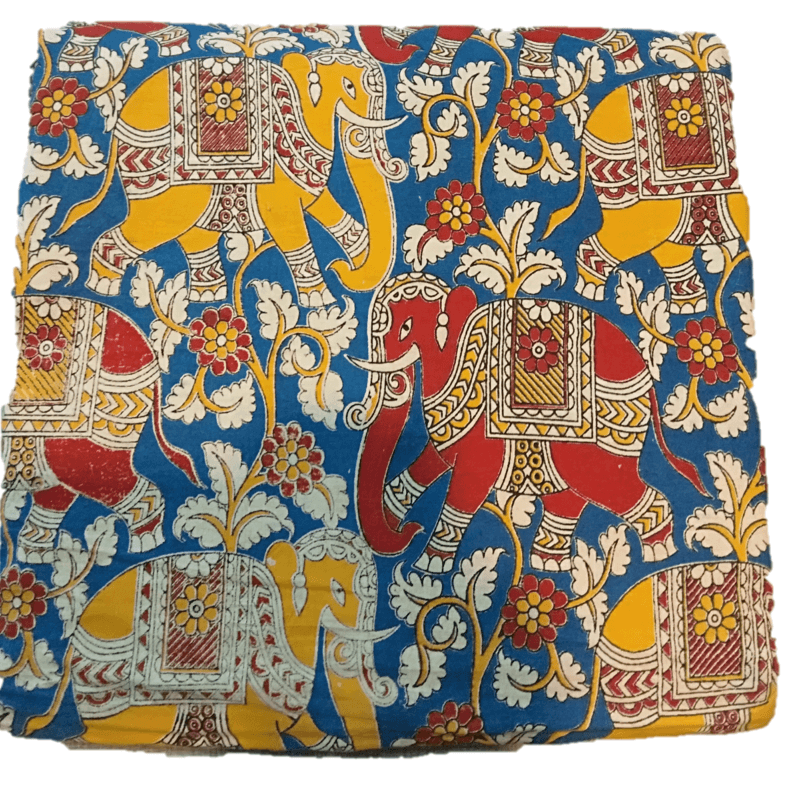 Cotton Kalamkari Handblock Saree BlouseKurti Fabric 100 cms - Haathi Print - Blue Colour