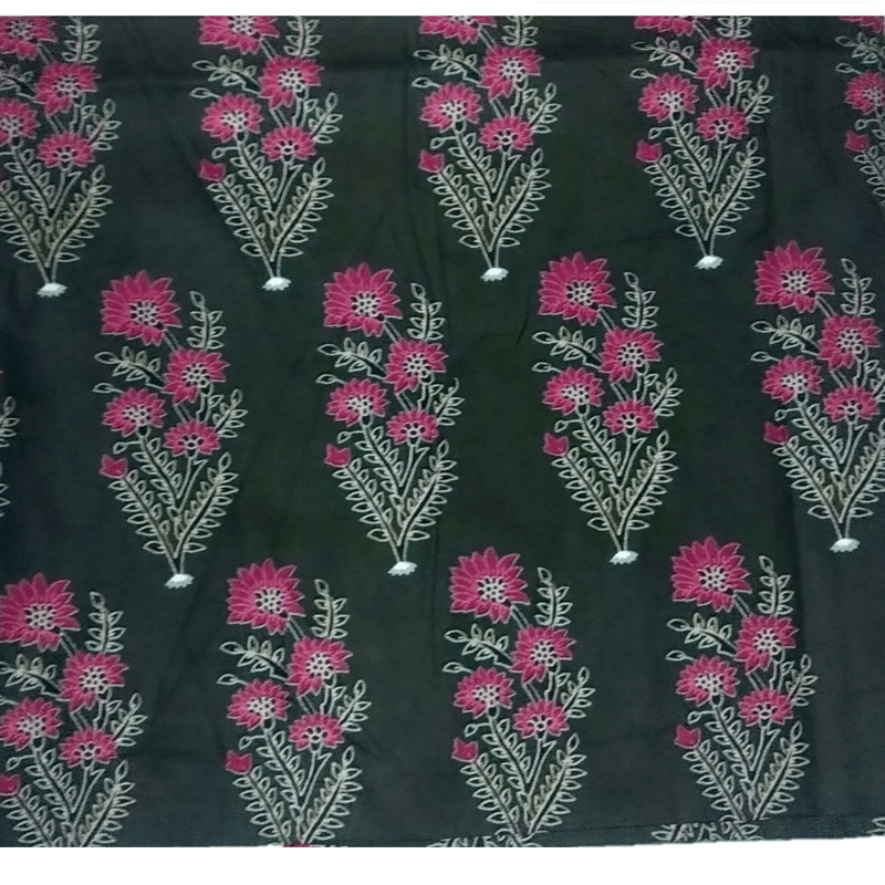 Cotton Kalamkari Handblock Saree BlouseKurti Fabric 100 cms - Black Flowers Print