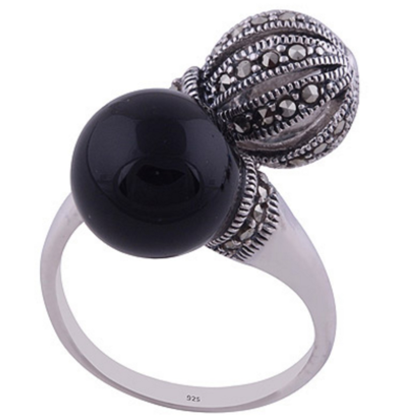 The Onyx n Marcasite Sphere Silver Ring