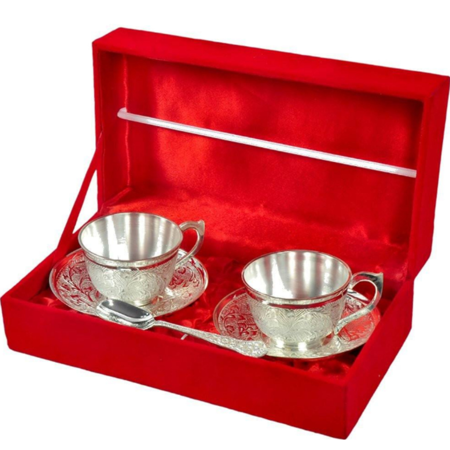SILVER PLATED 2 CUP SAUCER AND SPOON SET