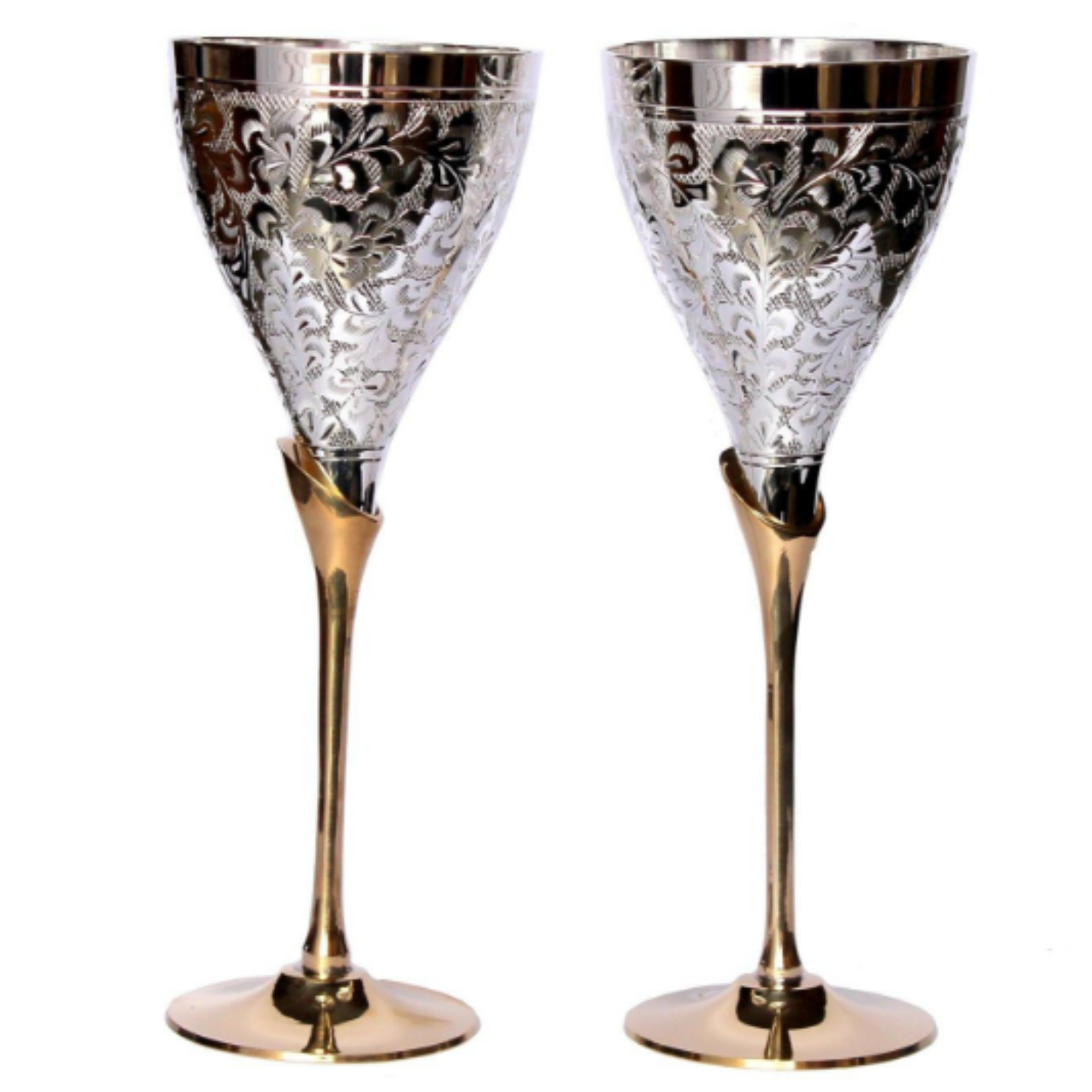 SILVER PLATED ENGRAVED PURE BRASS PREMIUM GOBLET CHAMPAGNE FLUTES COUPES WINE GLASS SET OF 2