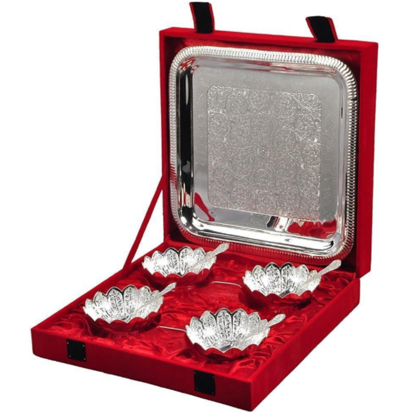 SILVER PLATED SERVING SET WITH 1 TRAY, 4 BOWLS AND 4 SPOON WITH VELVET BOX