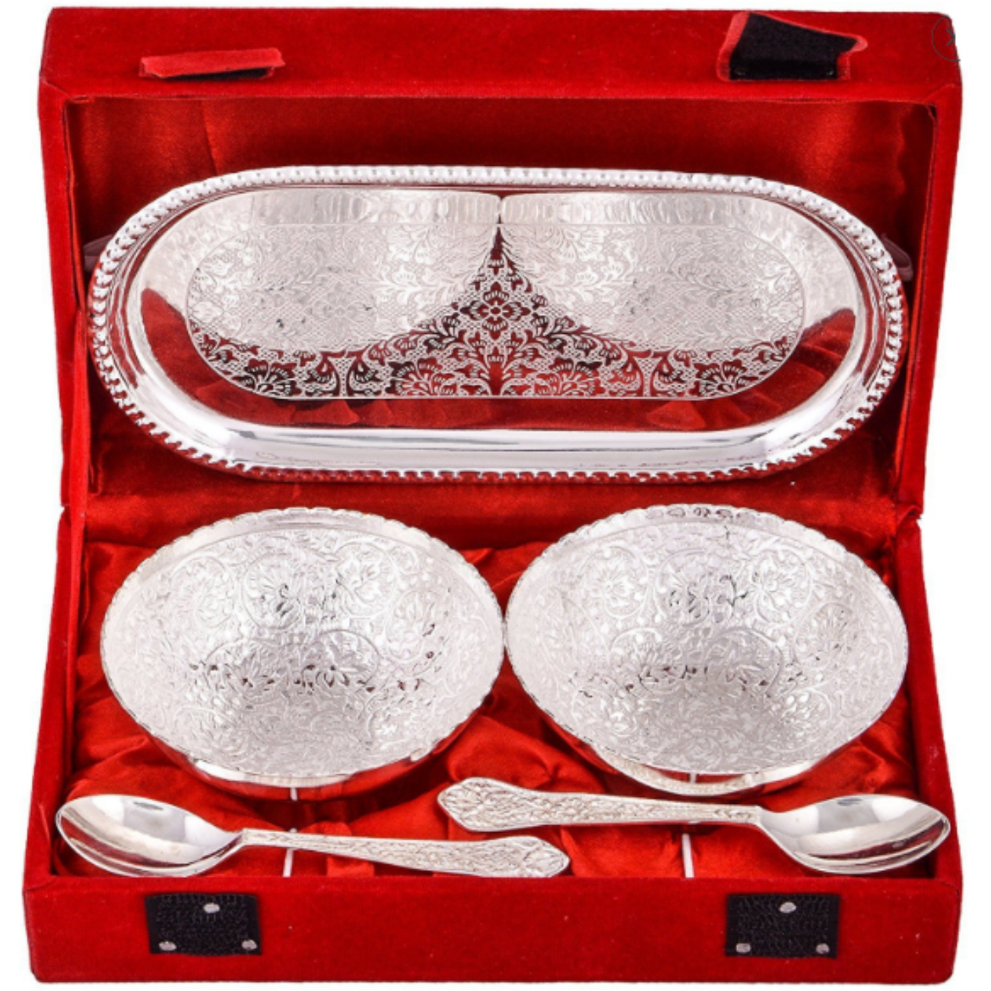 SILVER PLATED 2 FLOWER BOWL SET WITH SPOON AND TRAY
