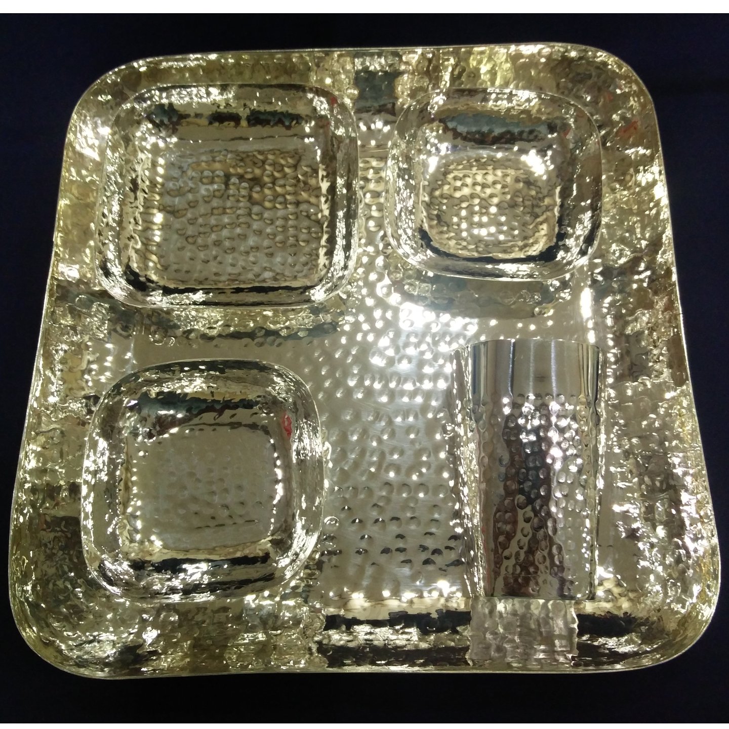 SILVER THALI BOWL SET WITH TUMBLER,HAMMERED