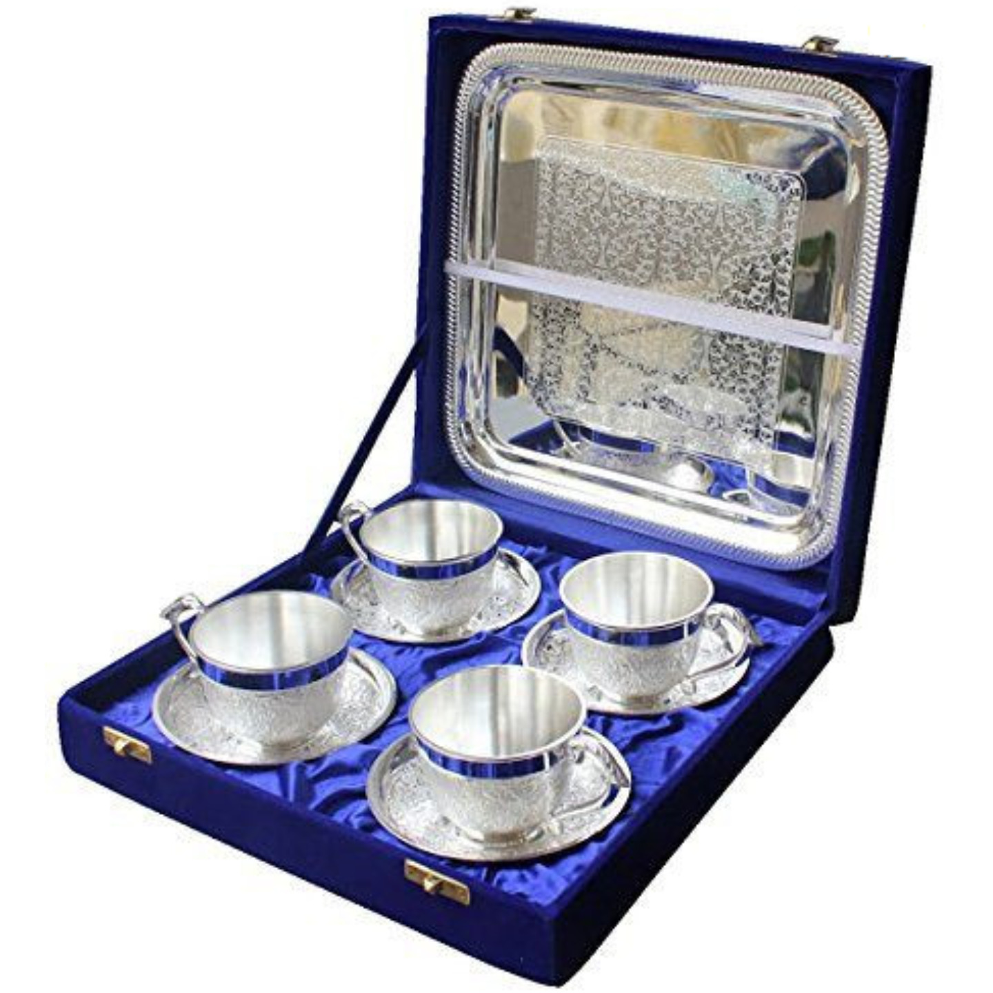 SILVER PLATED ARTISTIC TEA CUP TRAY SET OF 4 PC WITH LARGE TRAY