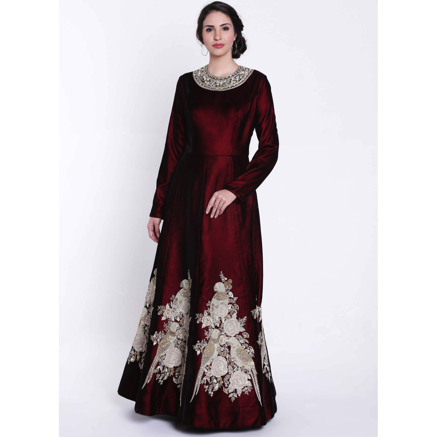 Deep maroon anarkali gown with bird motif embroidery