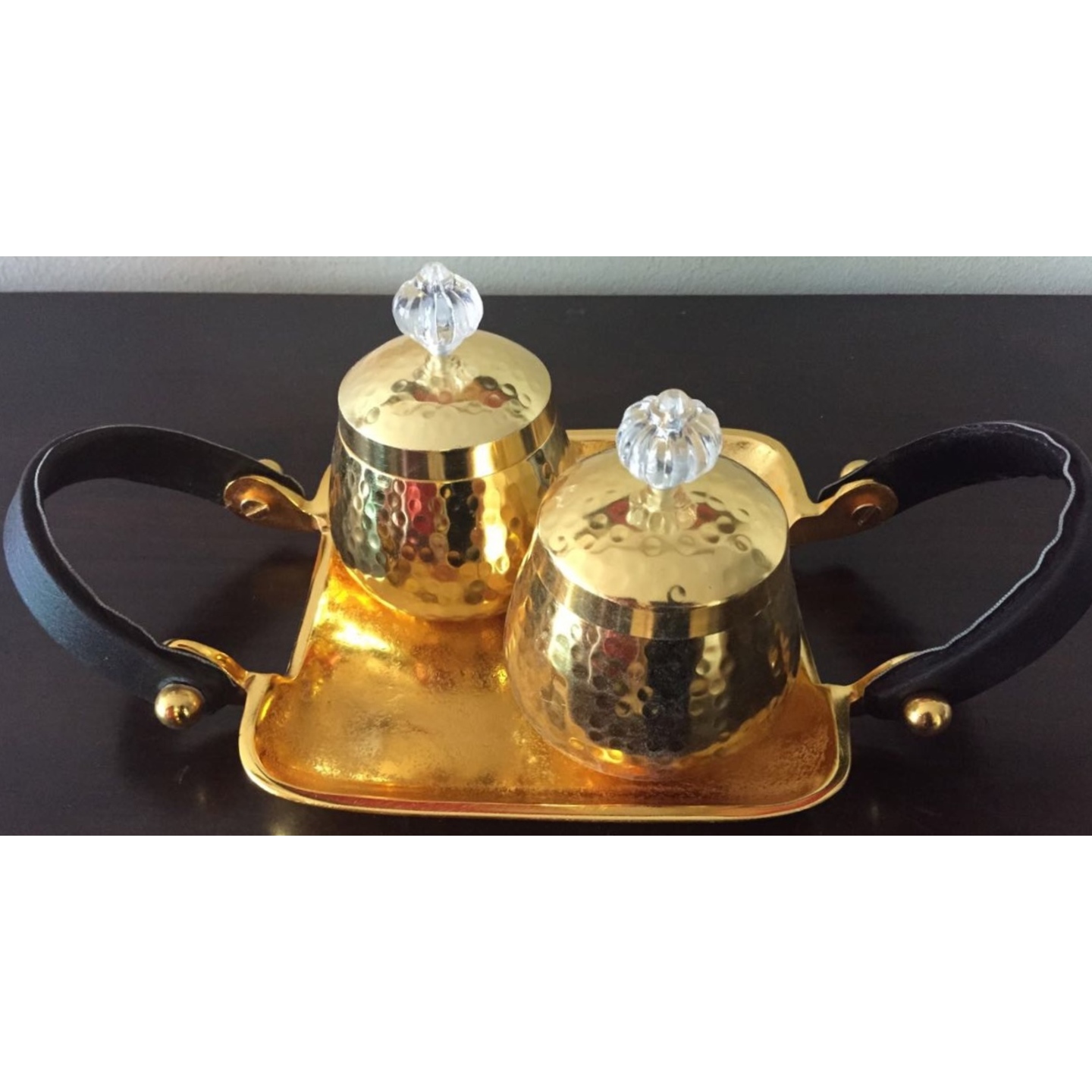 Gold Tray with Leather Straps & 2 Gold Jars