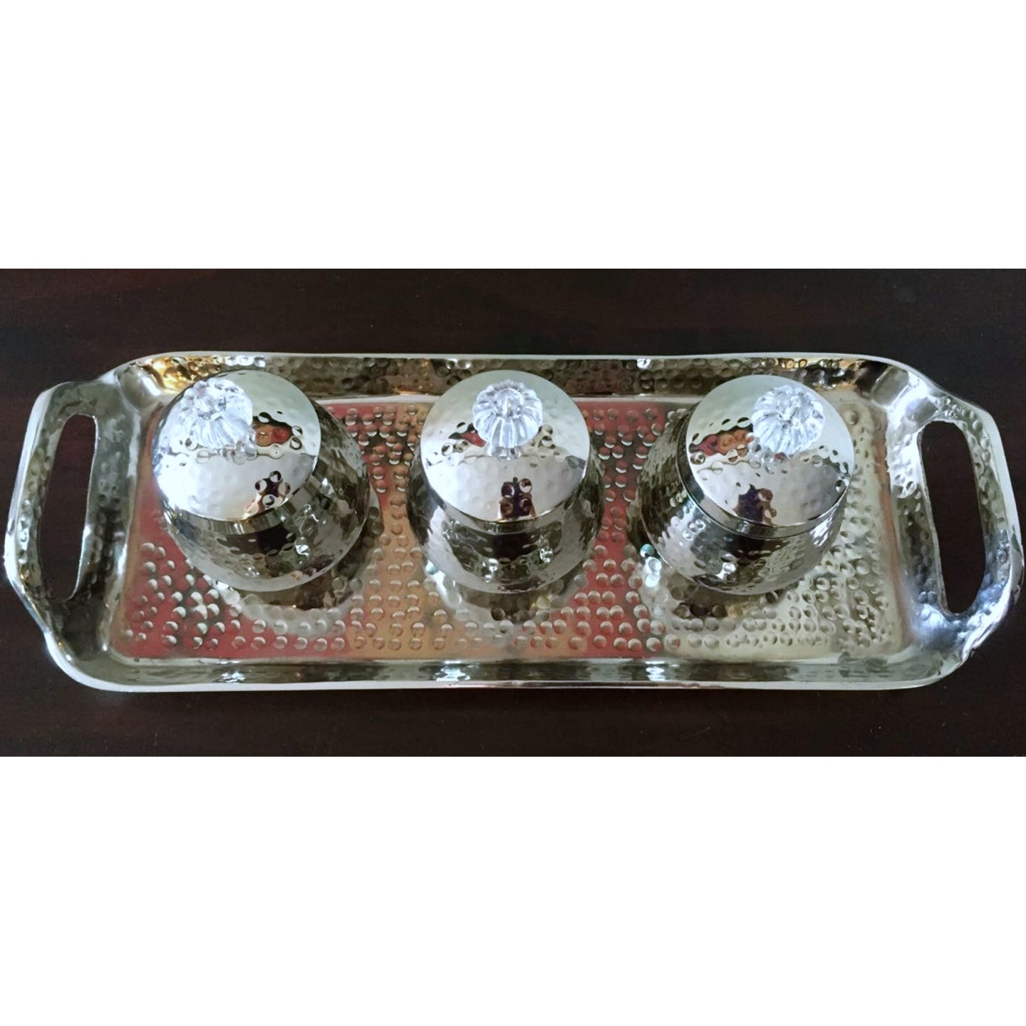 Aluminium hammered tray with 3 aluminium jars