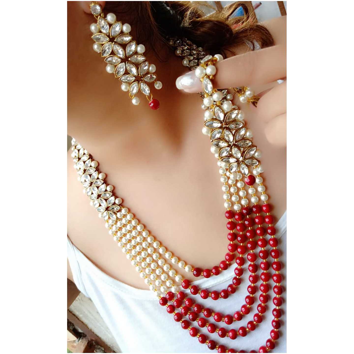 Red Long Set 4 Line Pearl