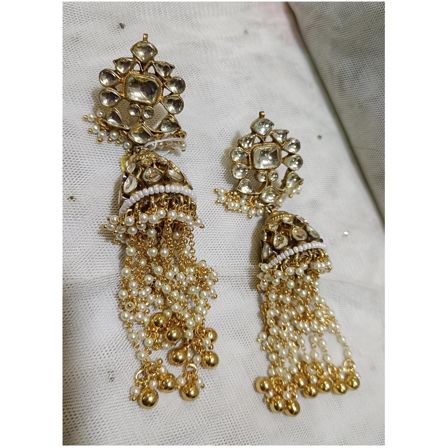 Long Kundan Bikaneri Earrings with Pearl Danglers
