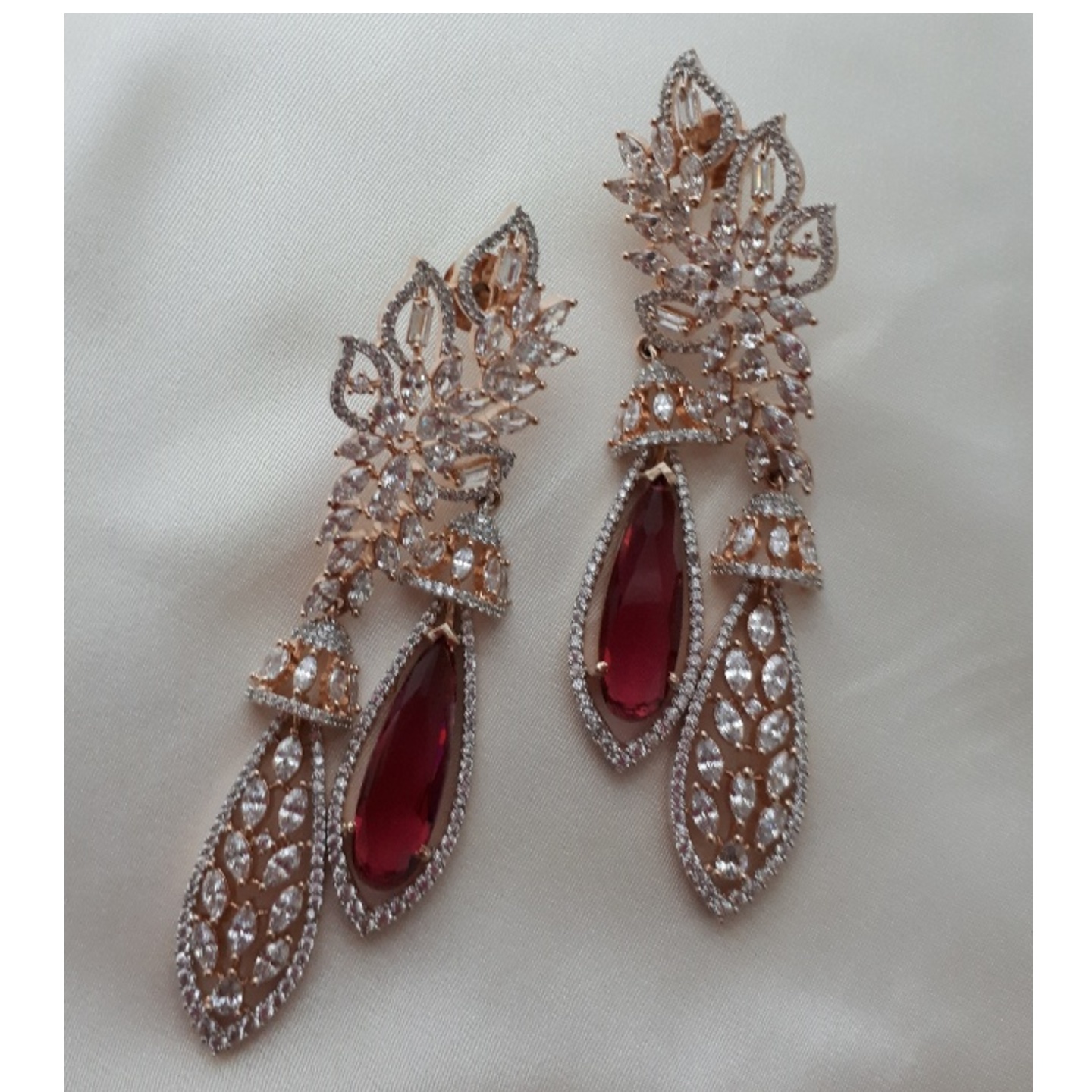 Gold American Diamond Earrings with Ruby Crystal
