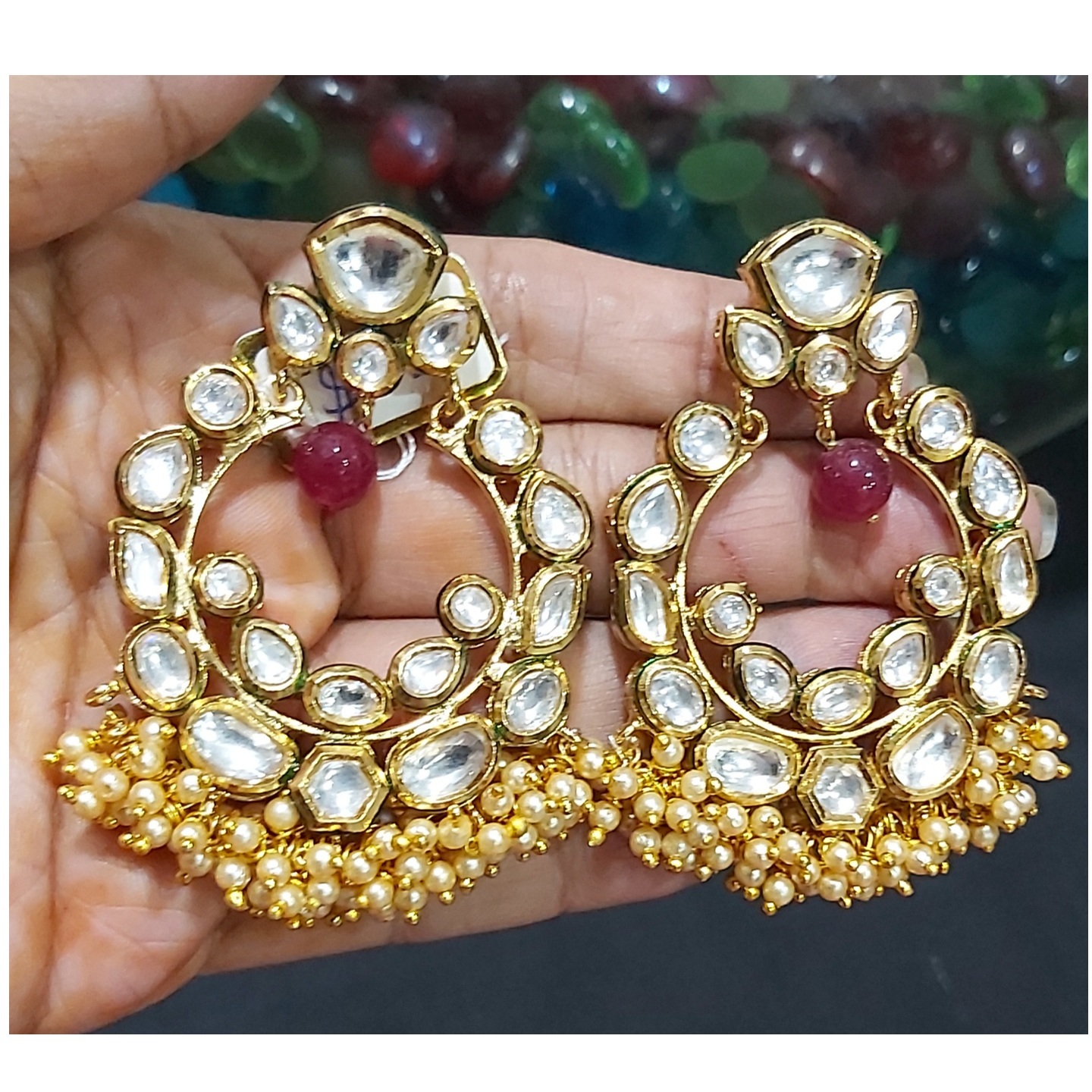 Gold Kundan Earrings with Red CZ Dangler