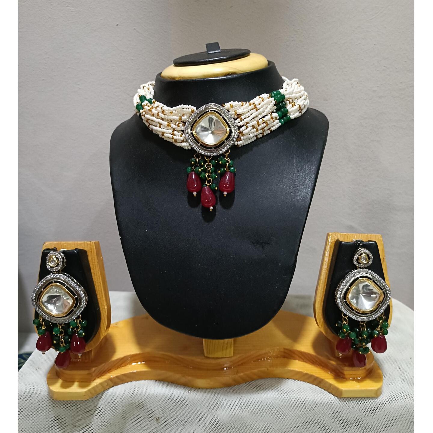 Pearls Choker set with Green and Red Stones