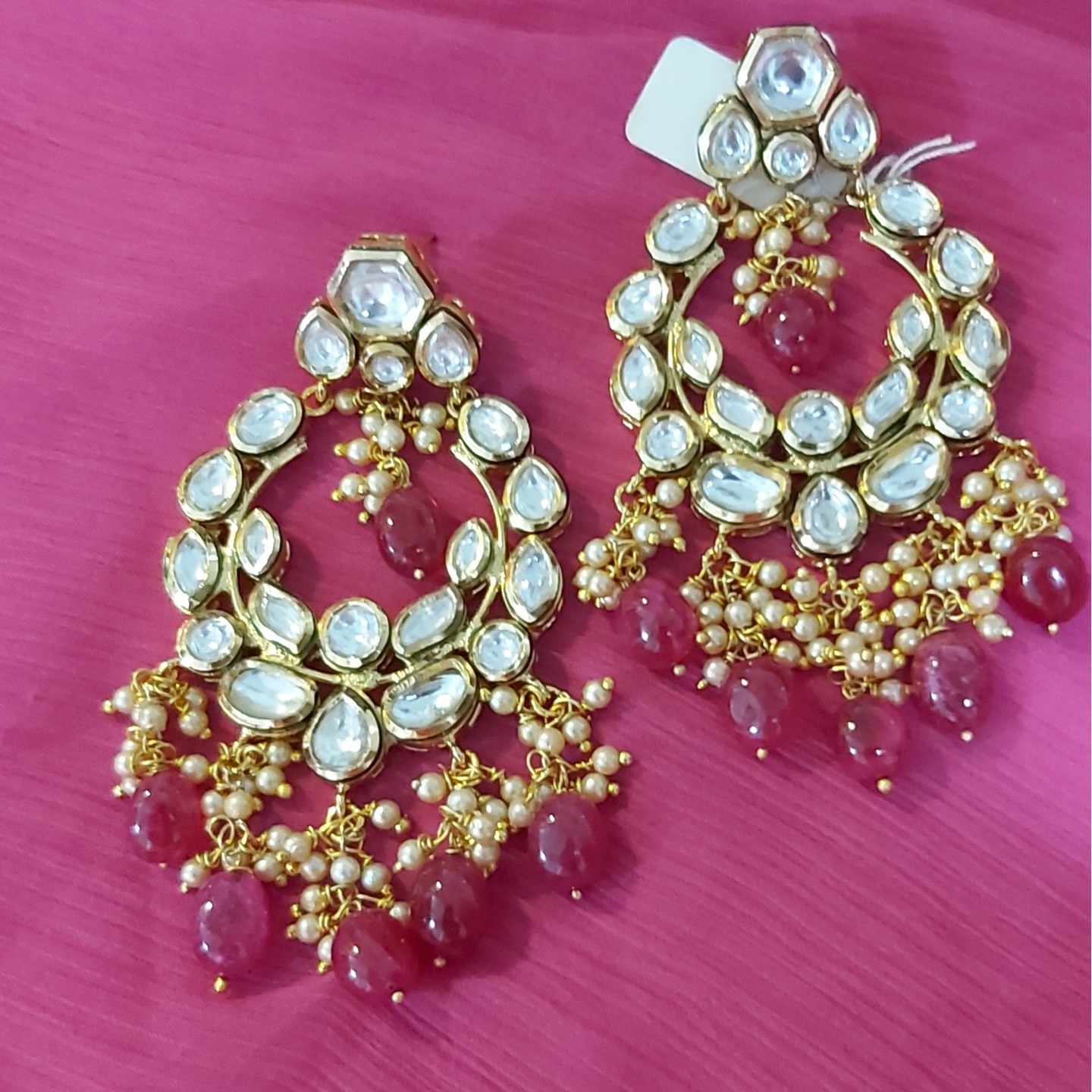 Long Gold Plated Kundan Earrings with mini pearl Danglers
