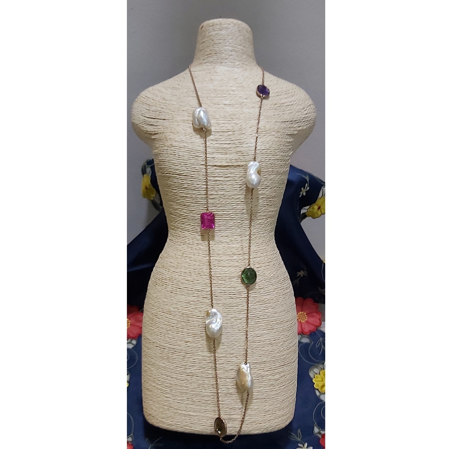 Long Chain with Baroque Pearls and semi precious stones