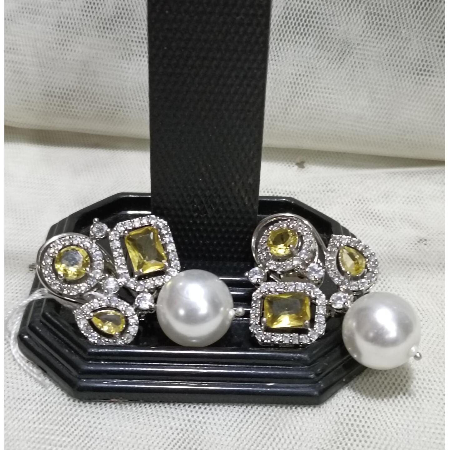 American Diamond  Stud Earrings with Pearl Dangler Yellow Crystal