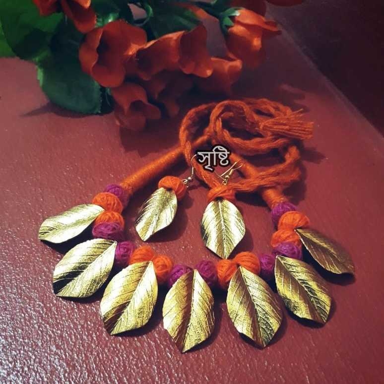 Golden Leaf Necklace pink n orange