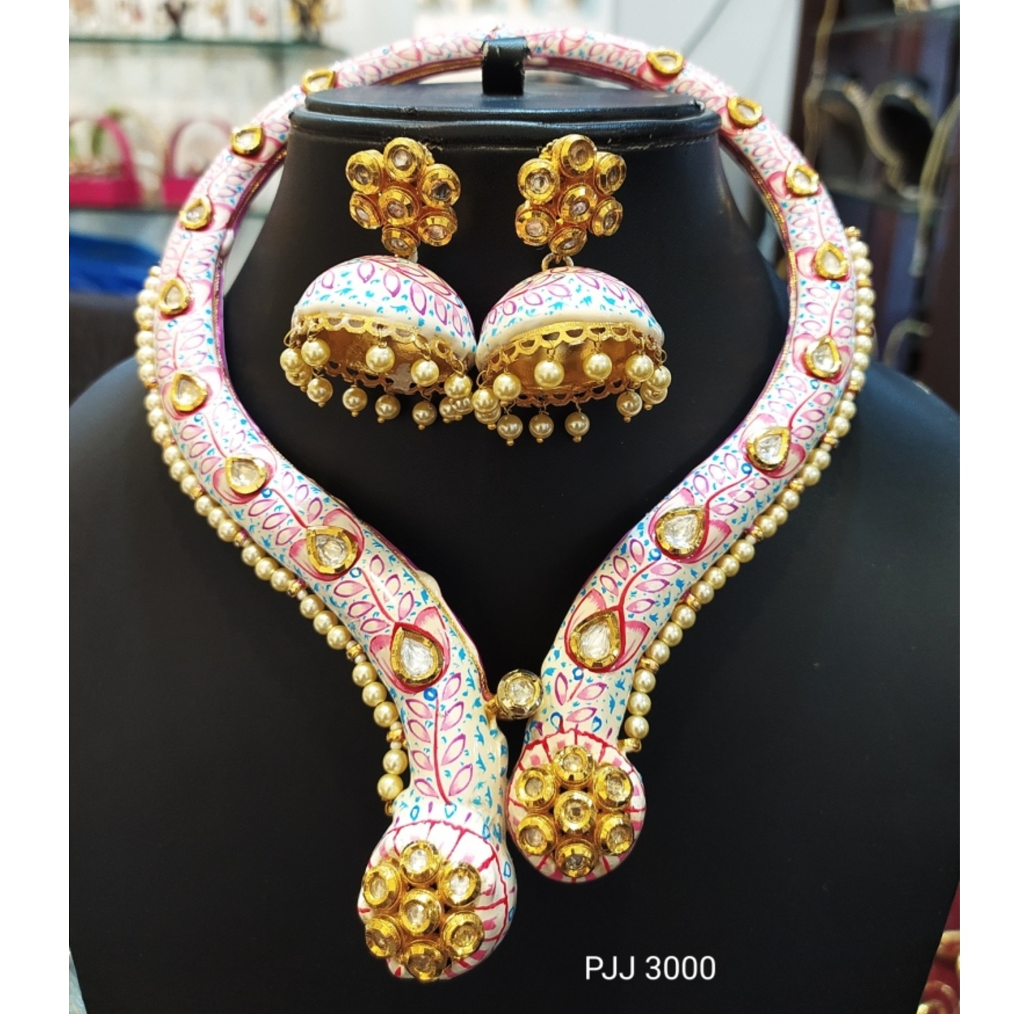 Kundan Meena Pink Enamel Hasli Necklace Set