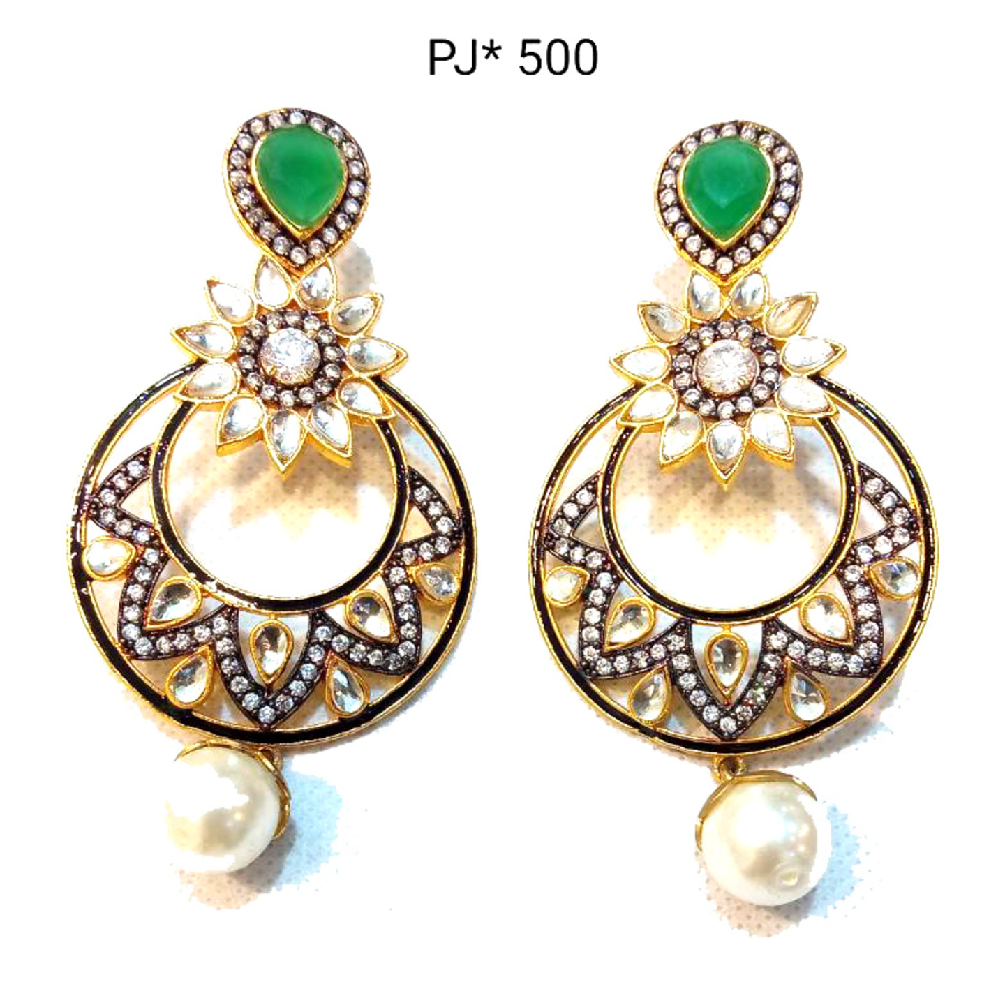 Kundan Meena  Zircon  Earrings with Pearl Drop