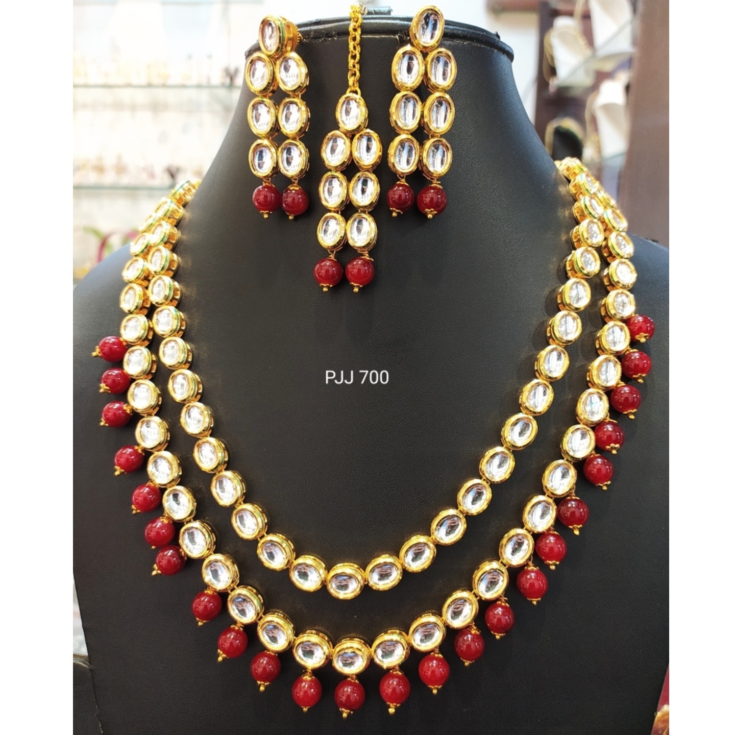 Red Drops Kundan Meena Necklace Set with Tikka