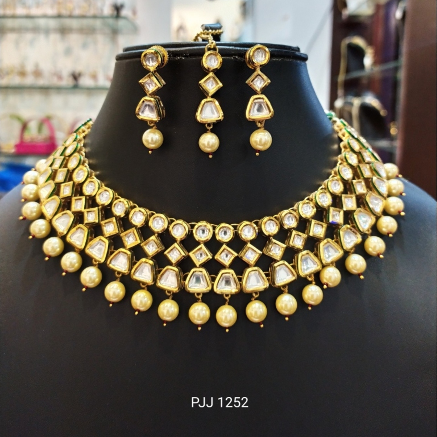 Kundan Meena Necklace Set with Pearl Drops and Tikka