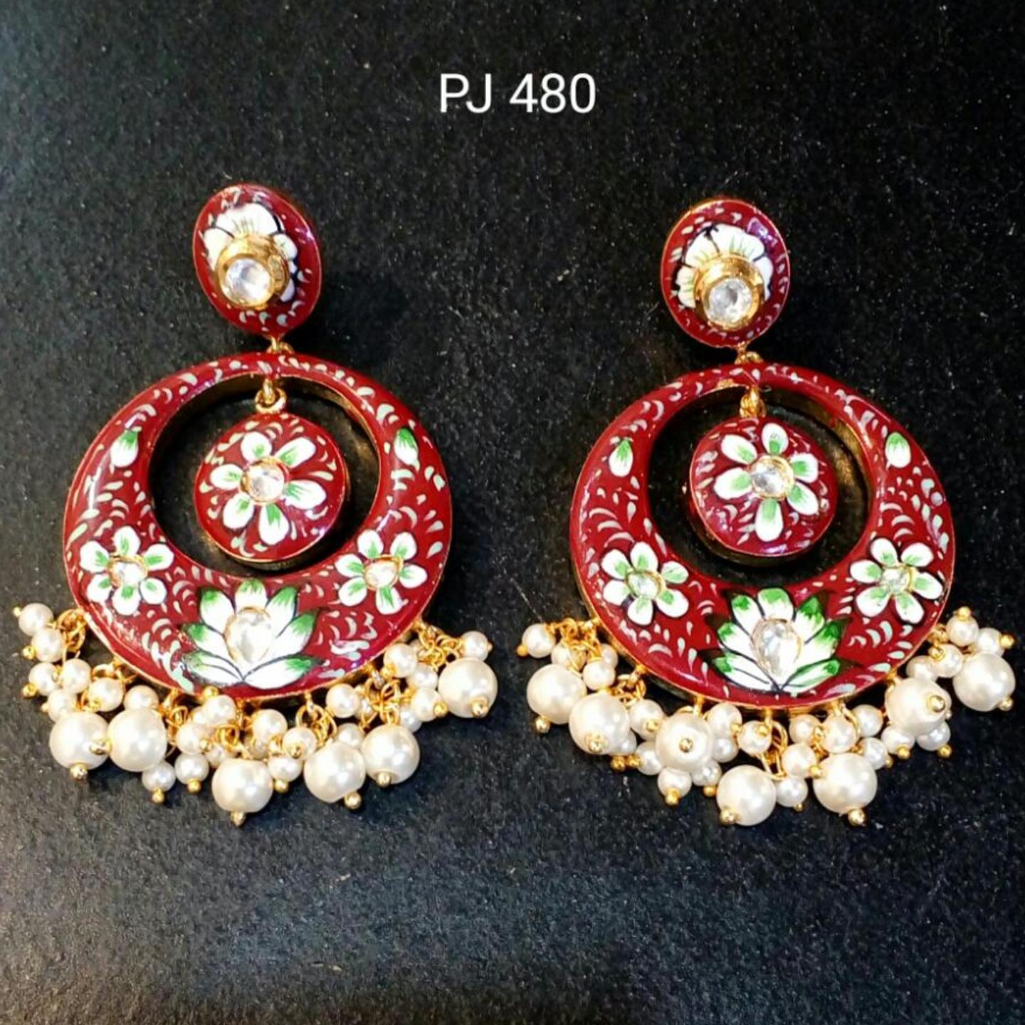 Kundan Meena Red Enamel Earrings with Pearl Drops