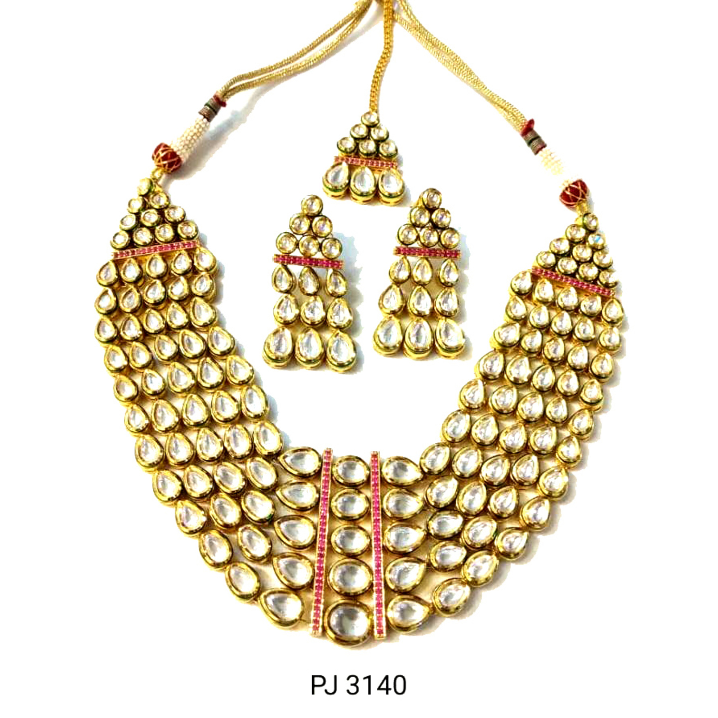 Poddar Jewels Kundan Meena 5 Line Necklace Set with Earrings & Tikka