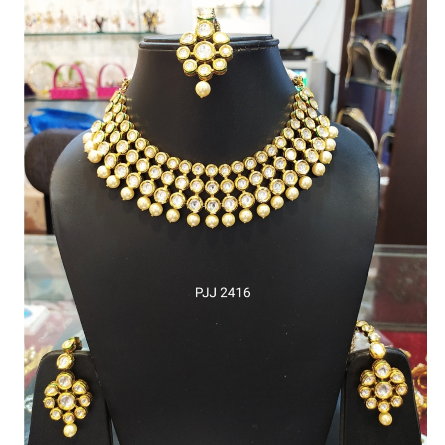 Pearl Drop Kundan Meena Necklace Set with Earrings & Tikka