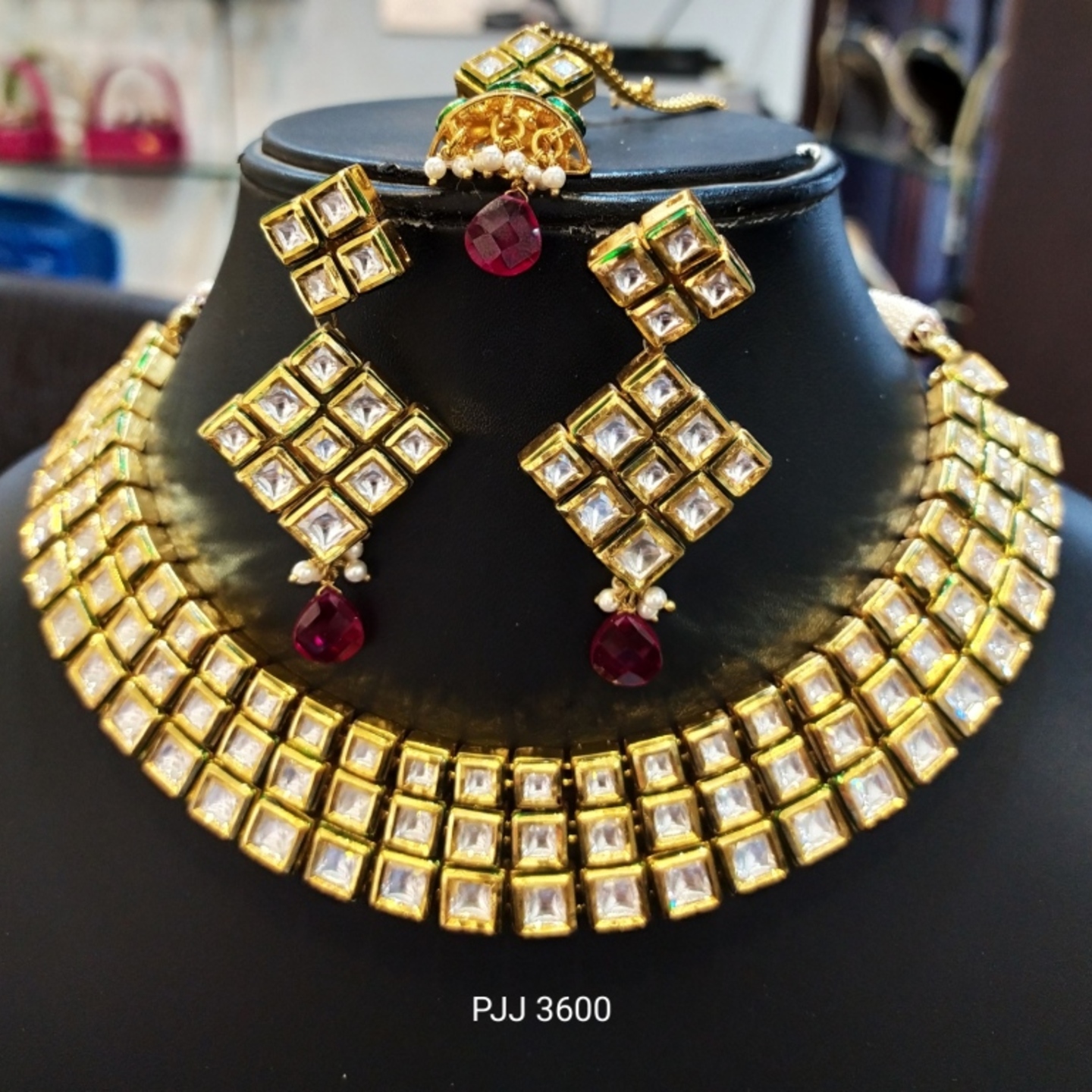 Kundan Meena 3 Layer Necklace Set Earrings & Tikka