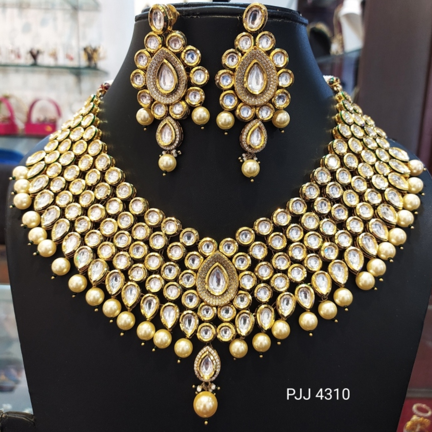 Kundan Meena Heavy Necklace Set with Pearl Drops 