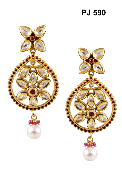 Kundan Meena Designer Earrings with Pearl Drop