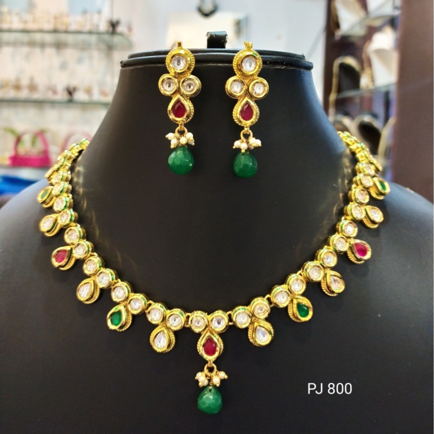 Kundan Meena Red Green Necklace Set With Drop