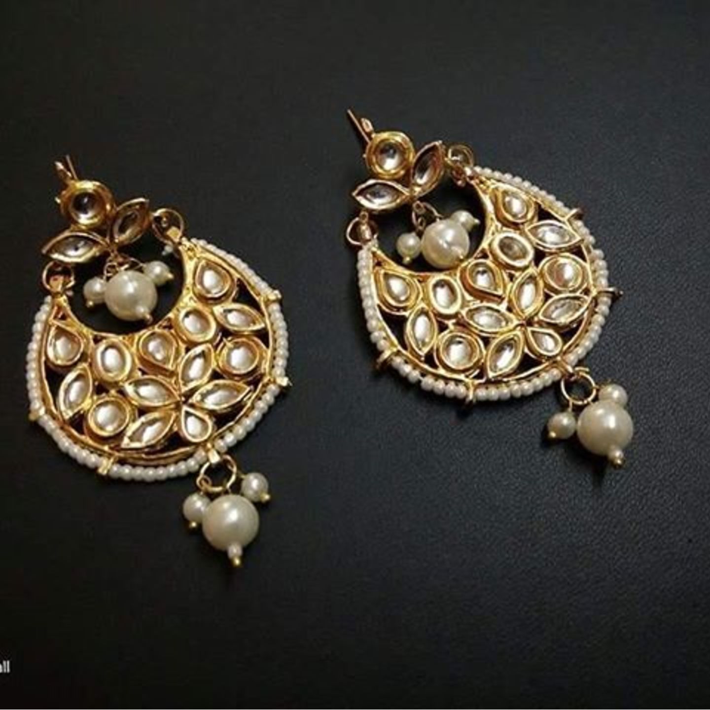Kundan Meena Chandbali Earrings with Pearl Drop