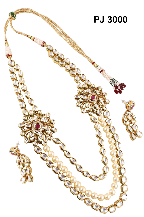 Kundan Meena 3 Line Long Necklace Set with Pearls