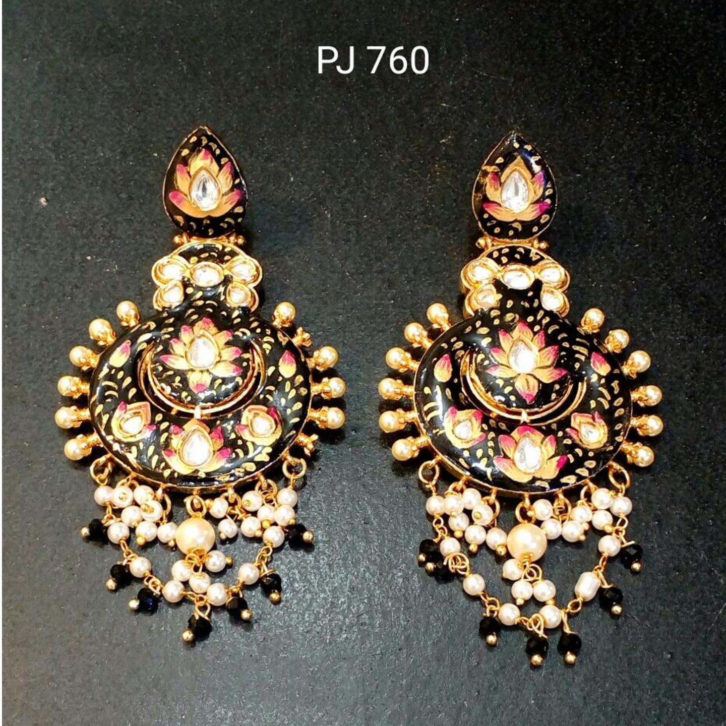 Kundan Meena Hand Painted Earrings with Pearl Drops