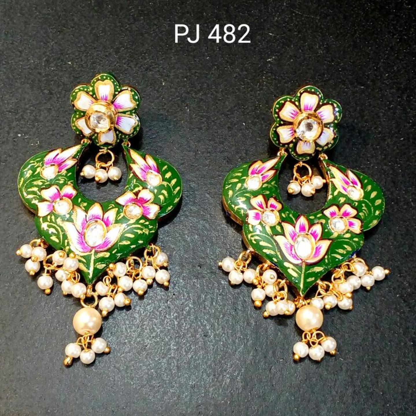Kundan Meena Green Enamel Earrings with Pearl Drops